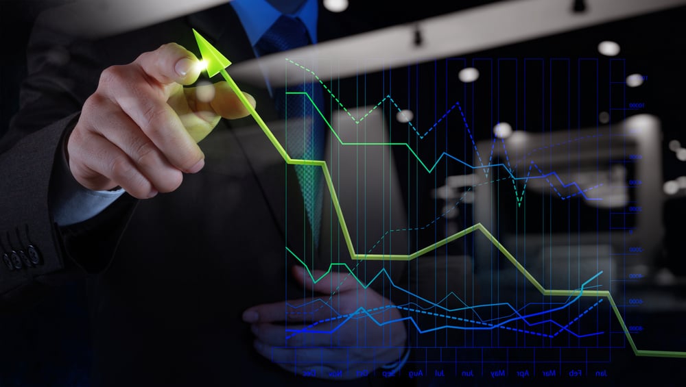 double exposure of businessman hand drawing virtual chart business on touch screen computer as concept