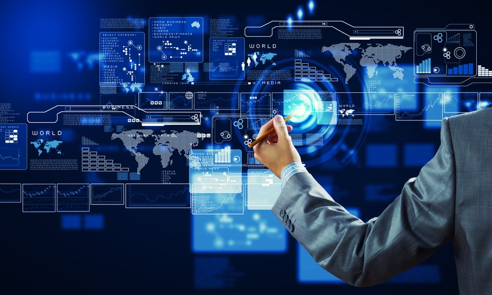 Back view of businessman touching icon of media screen